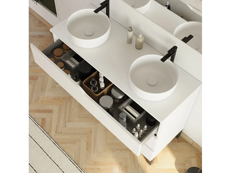 Meuble de salle de bain 120cm avec plateau et 2 vasques à poser Ares - 3 tiroirs - sans miroir - blanc - MATA