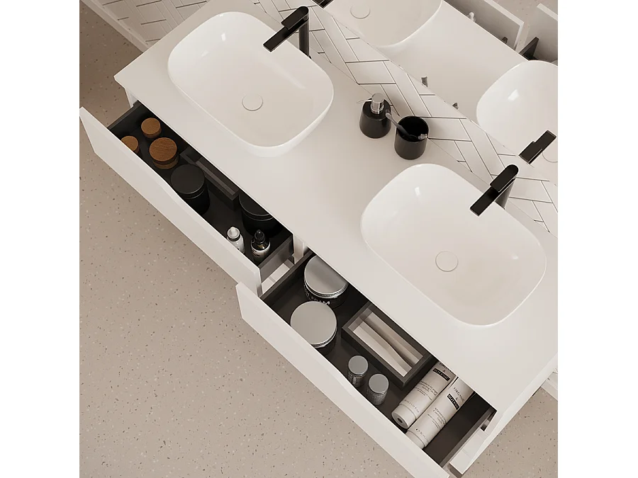 Meuble de salle de bain 120cm avec plateau et deux vasques à poser zeus - 6 tiroirs - sans miroir - blanc - MATA