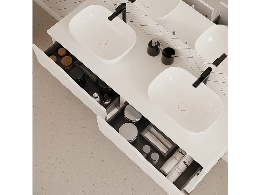Meuble de salle de bain 120cm avec plateau et deux vasques à poser zeus - 6 tiroirs - sans miroir - blanc - MATA
