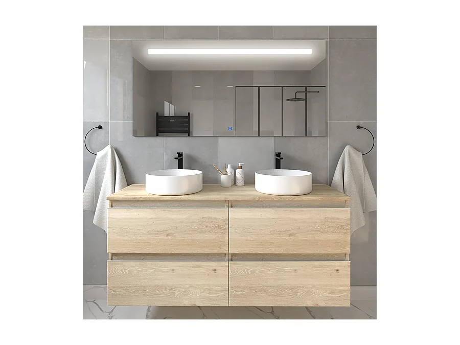 Meuble de salle de bain avec vasques rondes BALEA et miroir Led STAM - Bambou (chêne clair) - 120cm