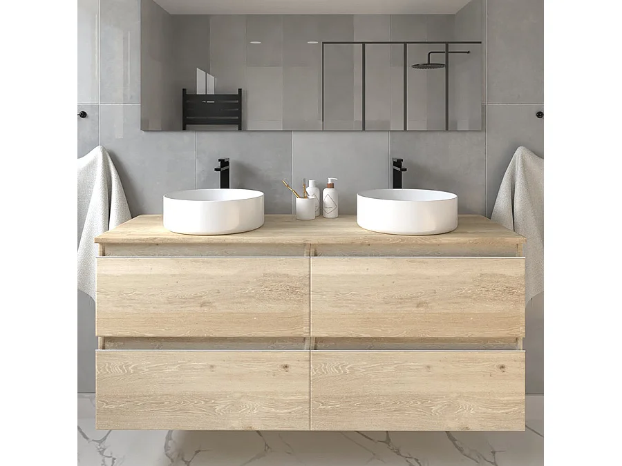 Meuble de salle de bain avec vasques rondes BALEA et miroir Led STAM - Bambou (chêne clair) - 120cm