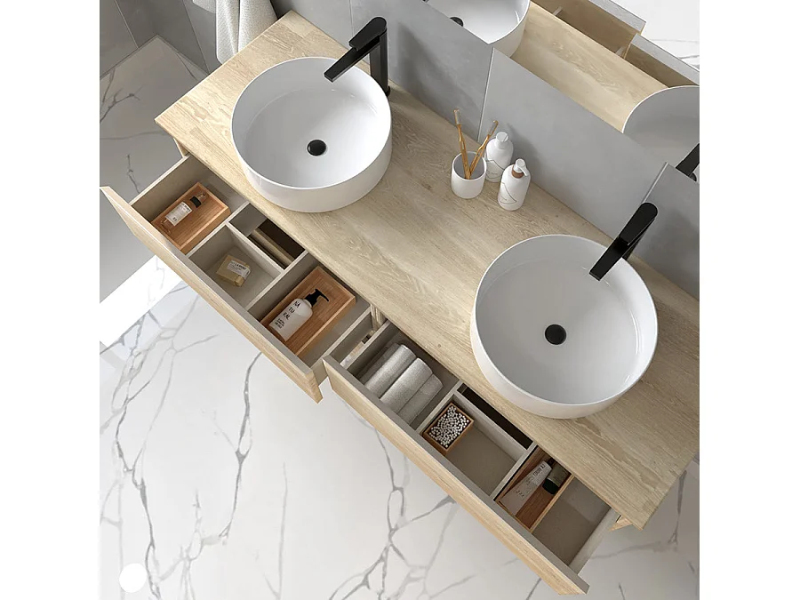 Meuble de salle de bain avec vasques rondes BALEA et miroir Led STAM - Bambou (chêne clair) - 120cm