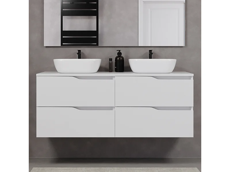 Meuble de salle de bain 140cm avec plateau et deux vasques à poser zeus - 4 tiroirs - sans miroir - blanc - LUNA