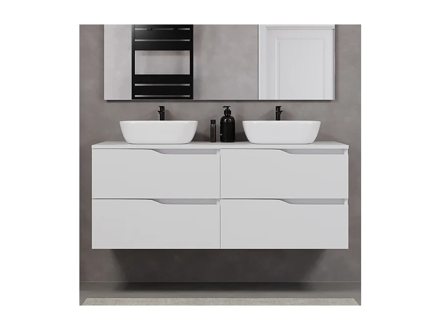 Meuble de salle de bain 140cm avec plateau et deux vasques à poser zeus - 4 tiroirs - sans miroir - blanc - LUNA
