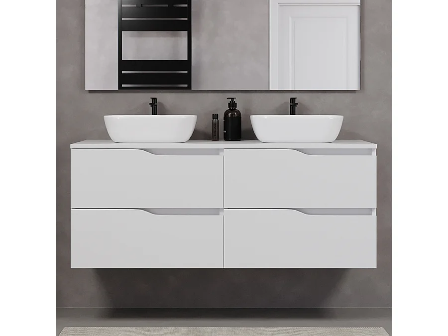 Meuble de salle de bain 140cm avec plateau et deux vasques à poser zeus - 4 tiroirs - sans miroir - blanc - LUNA
