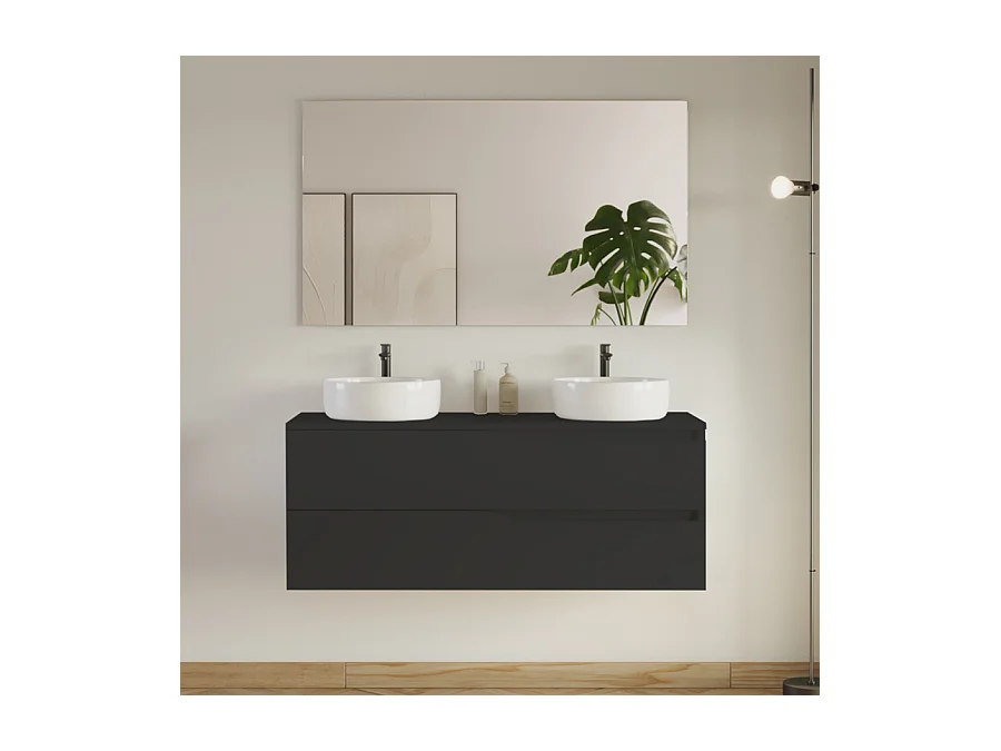 Meuble de salle de bain 120cm avec plateau et 2 vasques à poser Ares - 2 tiroirs - noir - LUNA