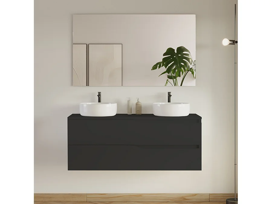 Meuble de salle de bain 120cm avec plateau et 2 vasques à poser Ares - 2 tiroirs - noir - LUNA