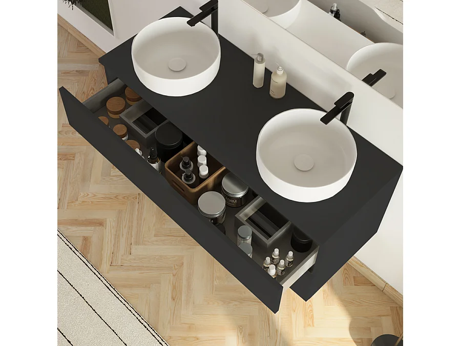 Meuble de salle de bain 120cm avec plateau et 2 vasques à poser Ares - 2 tiroirs - noir - LUNA