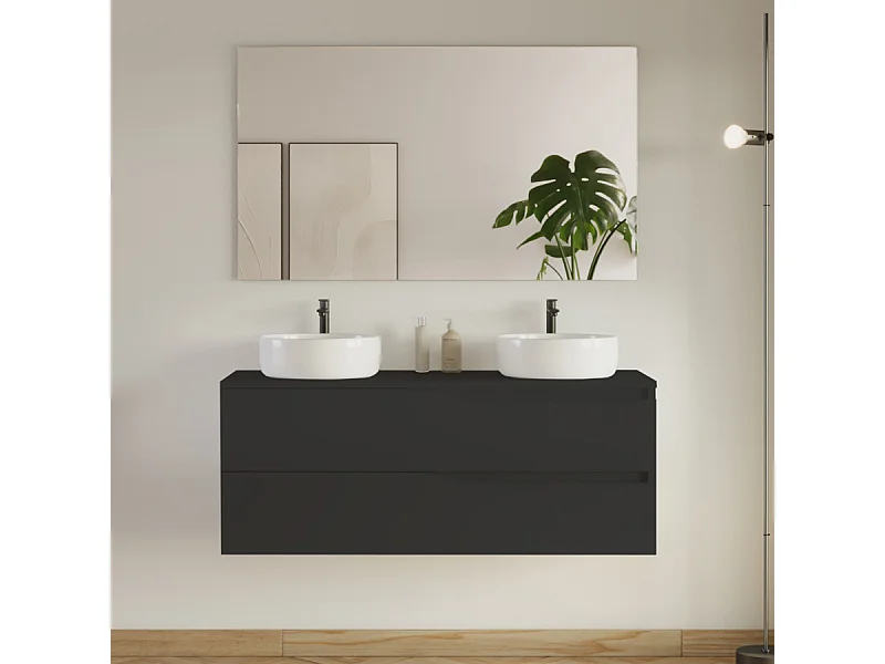 Meuble de salle de bain 120cm avec plateau et 2 vasques à poser Ares - 2 tiroirs - noir - LUNA
