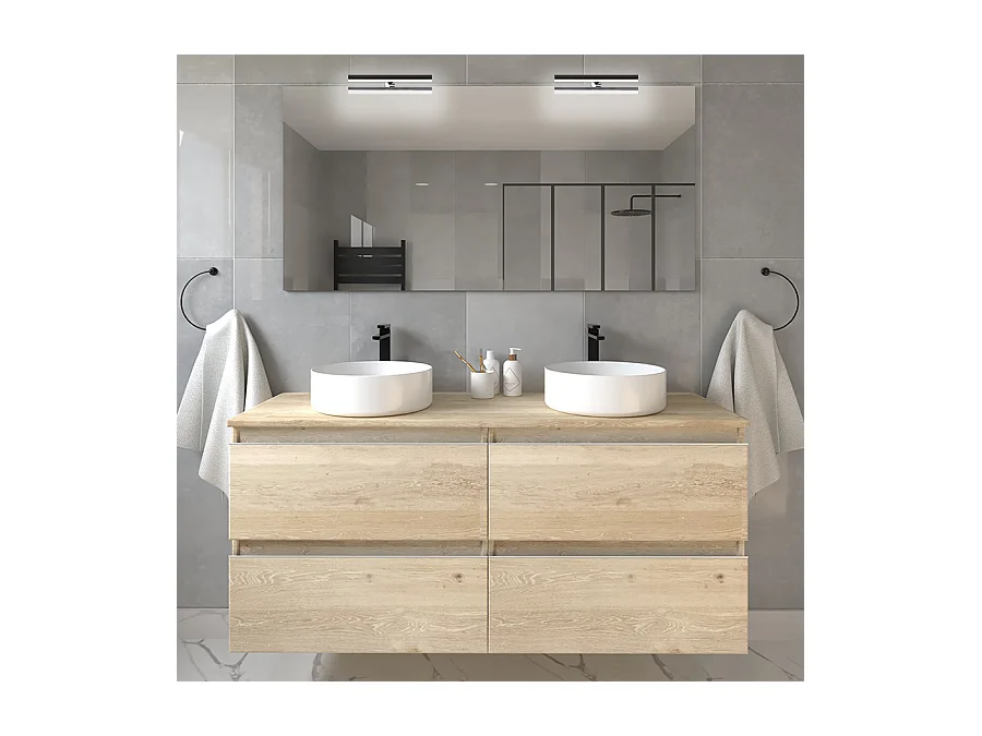 Meuble de salle de bain avec vasques rondes BALEA et miroir avec appliques - Bambou (chêne clair) - 120cm