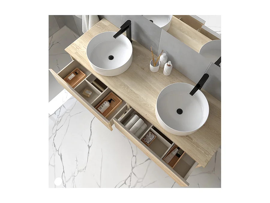 Meuble de salle de bain avec vasques rondes BALEA et miroir avec appliques - Bambou (chêne clair) - 120cm