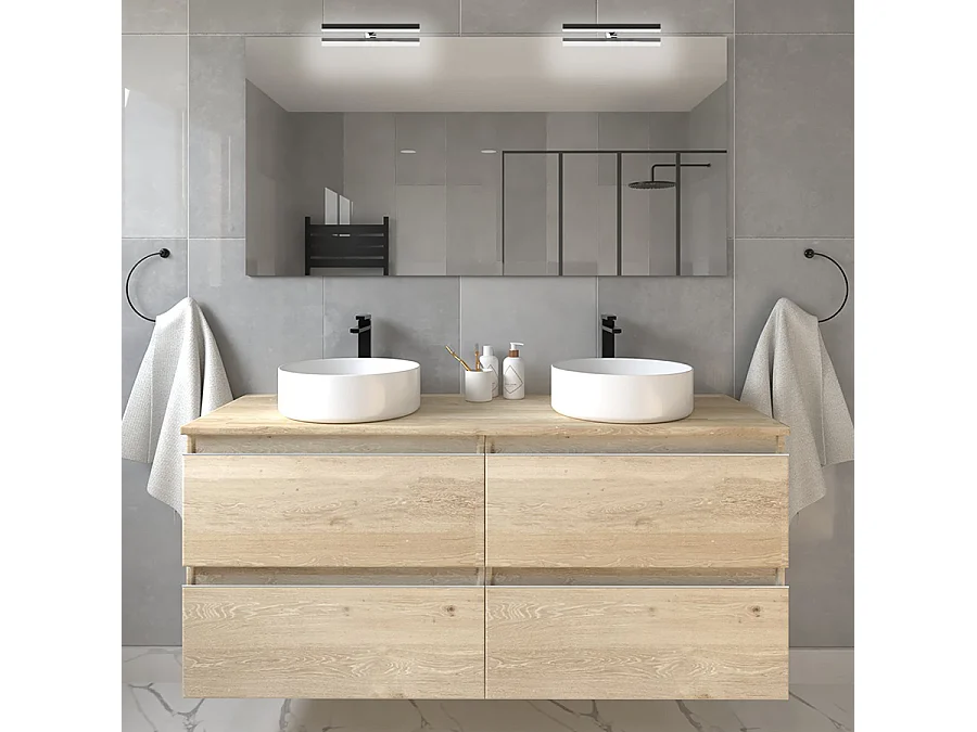 Meuble de salle de bain avec vasques rondes BALEA et miroir avec appliques - Bambou (chêne clair) - 120cm