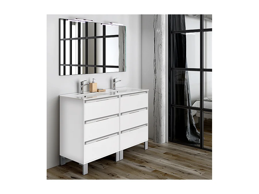 Meuble de salle de bain 120cm double vasque - 6 tiroirs - TIRIS 3C - blanc