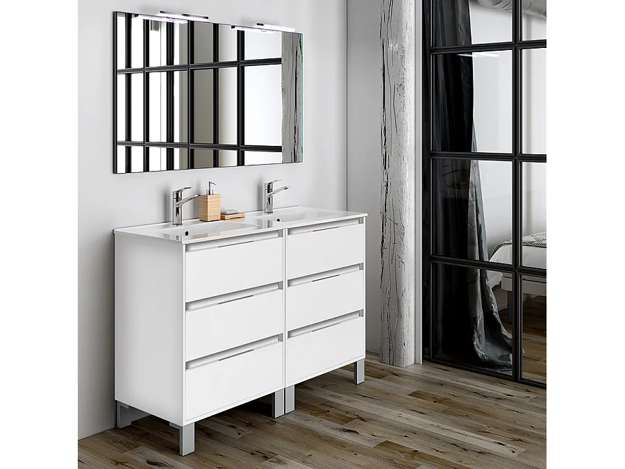 Meuble de salle de bain 120cm double vasque - 6 tiroirs - TIRIS 3C - blanc