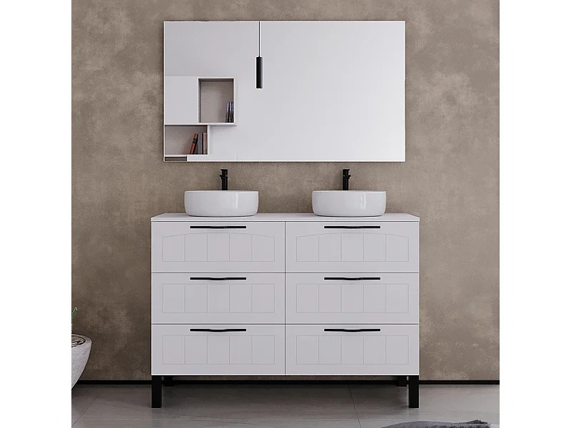 Meuble de salle de bain 120cm avec plateau et deux vasques à poser rondes - 6 tiroirs - blanc - CALA