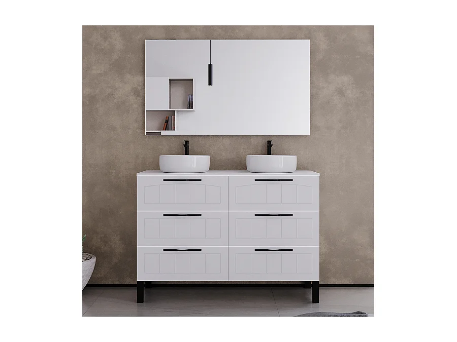 Meuble de salle de bain 120cm avec plateau et deux vasques à poser rondes - 6 tiroirs - blanc - CALA