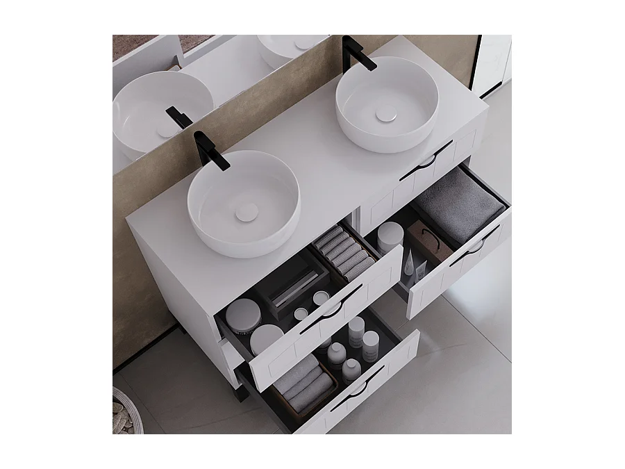 Meuble de salle de bain 120cm avec plateau et deux vasques à poser rondes - 6 tiroirs - blanc - CALA