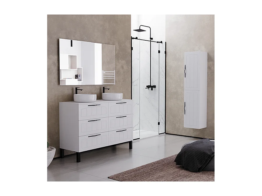 Meuble de salle de bain 120cm avec plateau et deux vasques à poser rondes - 6 tiroirs - blanc - CALA