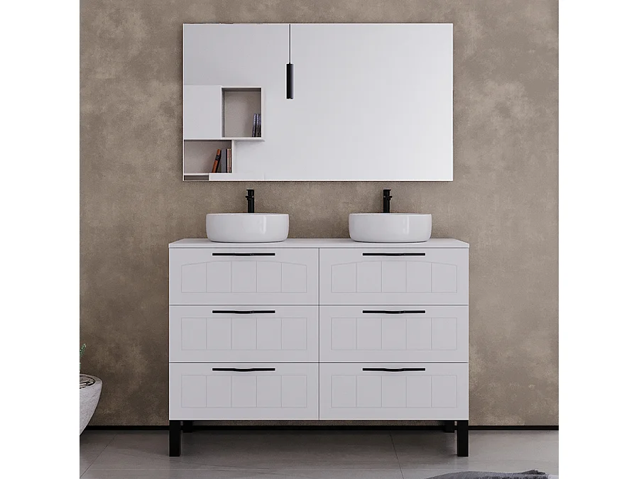 Meuble de salle de bain 120cm avec plateau et deux vasques à poser rondes - 6 tiroirs - blanc - CALA