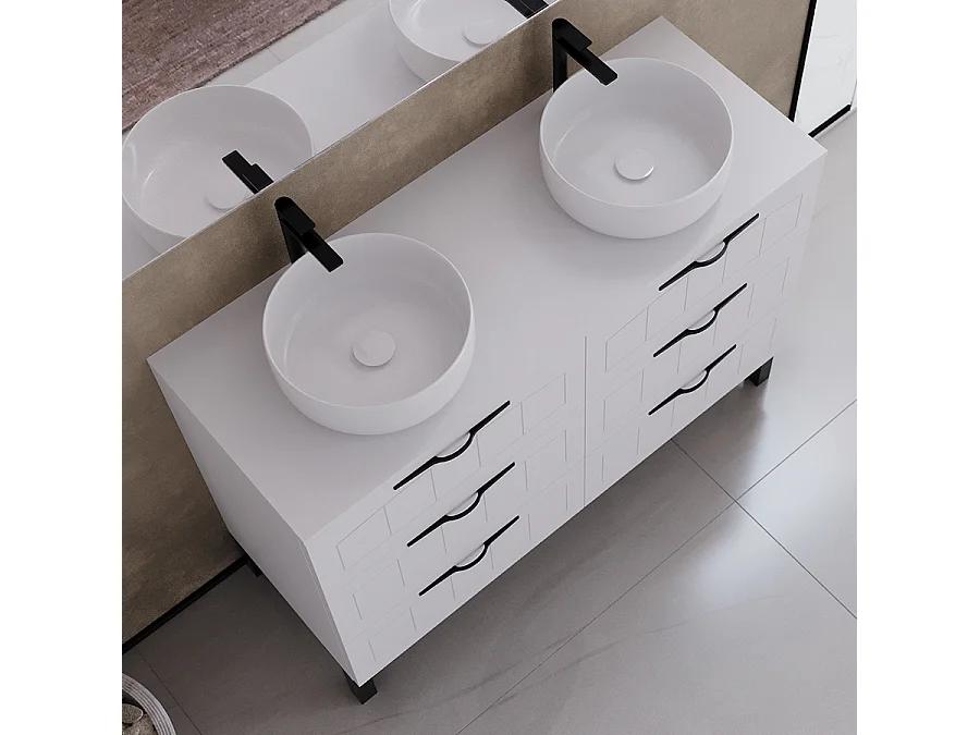 Meuble de salle de bain 120cm avec plateau et deux vasques à poser rondes - 6 tiroirs - blanc - CALA