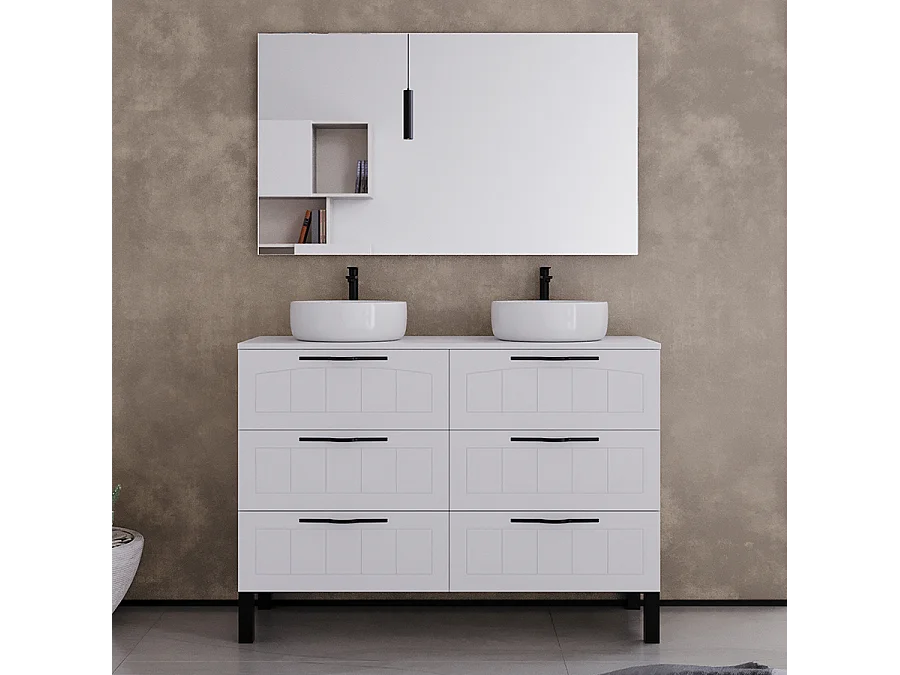 Meuble de salle de bain 120cm avec plateau et deux vasques à poser rondes - 6 tiroirs - blanc - CALA