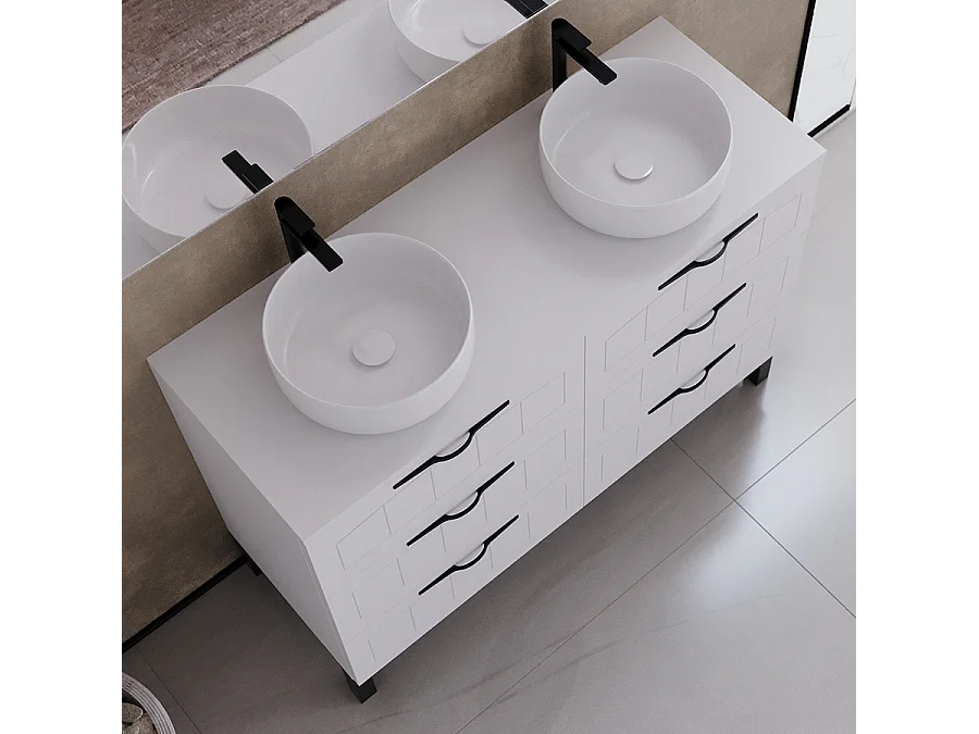 Meuble de salle de bain 120cm avec plateau et deux vasques à poser rondes - 6 tiroirs - blanc - CALA