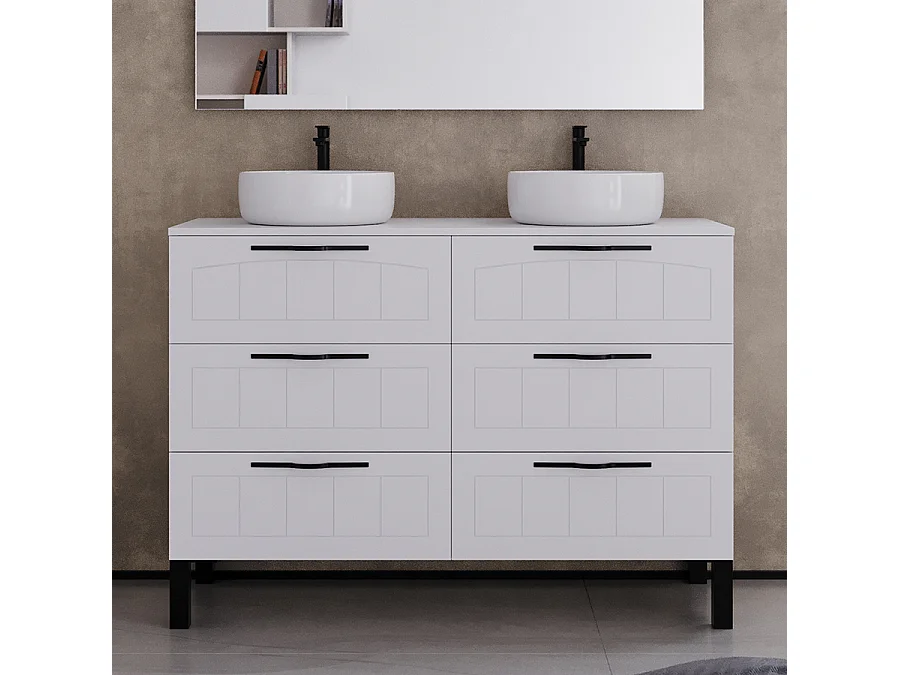Meuble de salle de bain 120cm avec plateau et deux vasques à poser rondes - 6 tiroirs - blanc - CALA