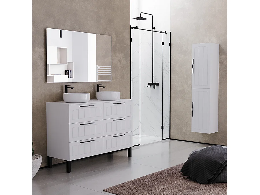 Meuble de salle de bain 120cm avec plateau et deux vasques à poser rondes - 6 tiroirs - blanc - CALA