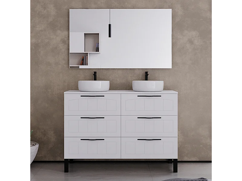 Meuble de salle de bain 120cm avec plateau et deux vasques à poser rondes - 6 tiroirs - blanc - CALA