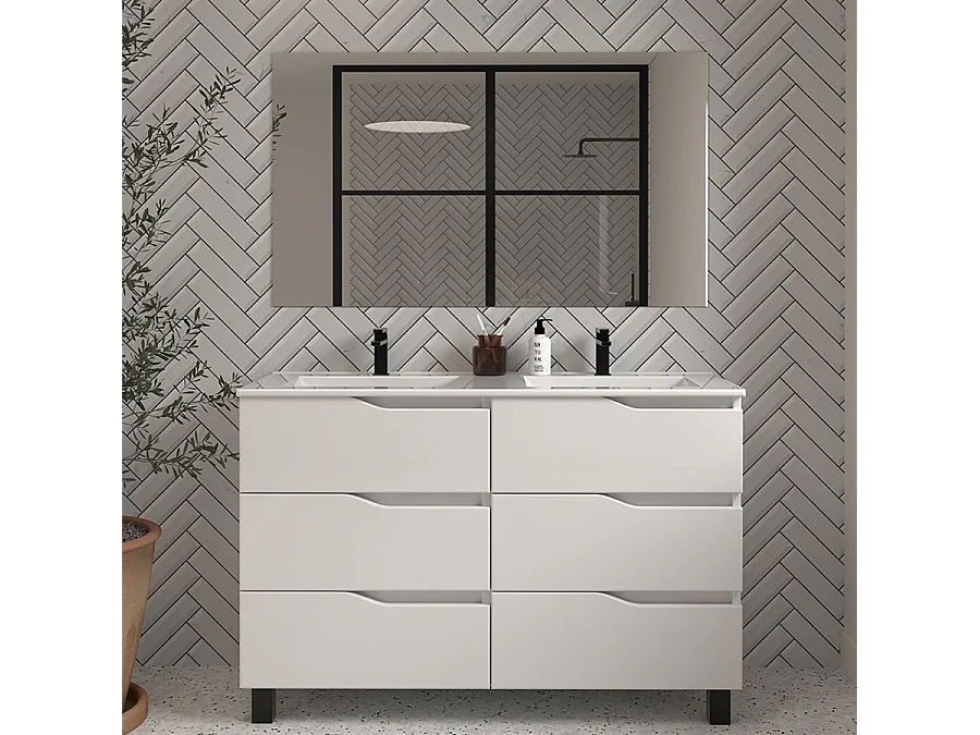 Meuble de salle de bain 120cm double vasque - 6 tiroirs - blanc - MATA