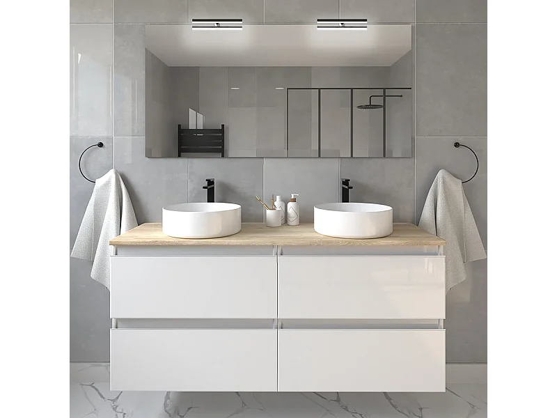 Meuble de salle de bain avec vasques rondes BALEA et miroir avec appliques - Blanc - 120cm