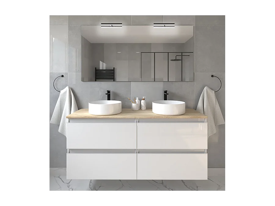 Meuble de salle de bain avec vasques rondes BALEA et miroir avec appliques - Blanc - 120cm
