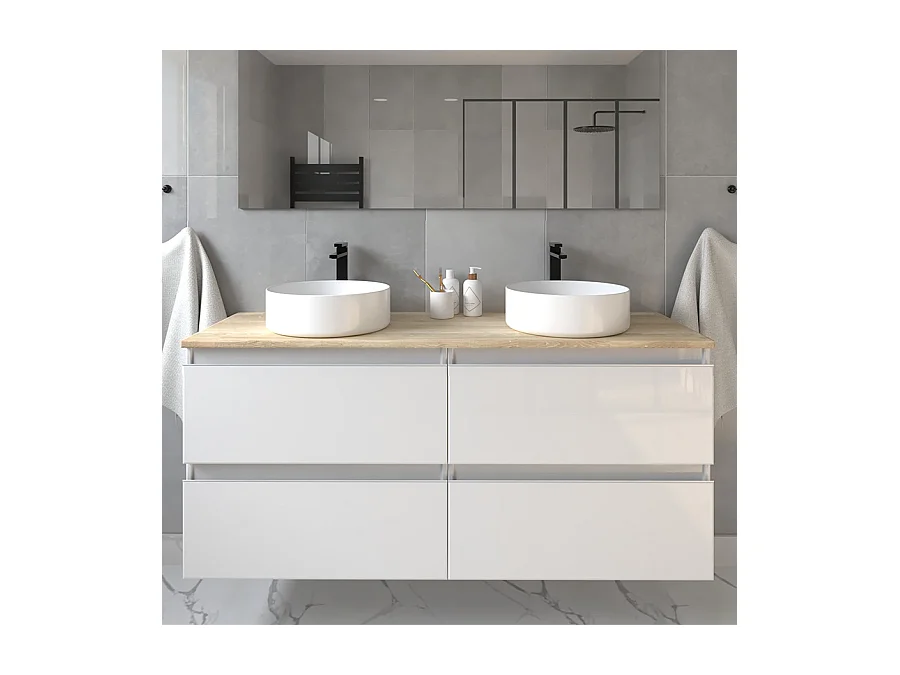 Meuble de salle de bain avec vasques rondes BALEA et miroir avec appliques - Blanc - 120cm