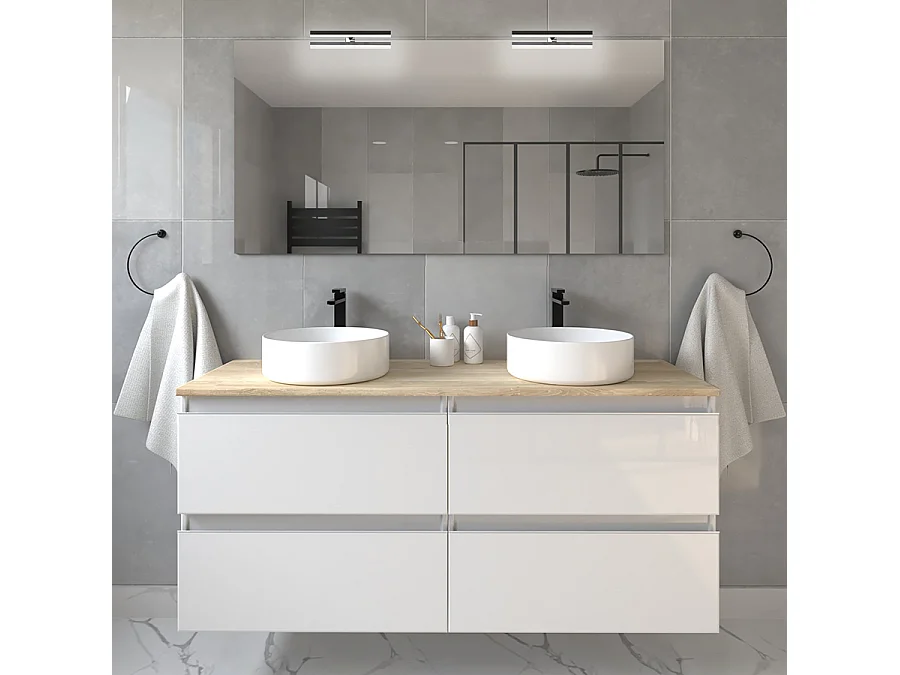 Meuble de salle de bain avec vasques rondes BALEA et miroir avec appliques - Blanc - 120cm
