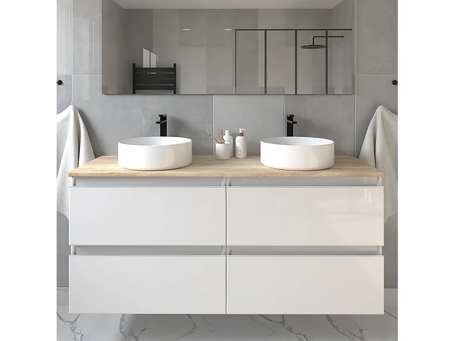 Meuble de salle de bain avec vasques rondes BALEA et miroir avec appliques - Blanc - 120cm