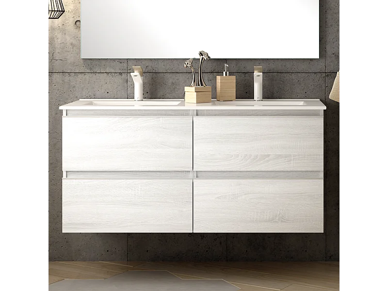 Meuble de salle de bain 120cm double vasque - 4 tiroirs - sans miroir - BALEA - hibernian (bois blanchi)