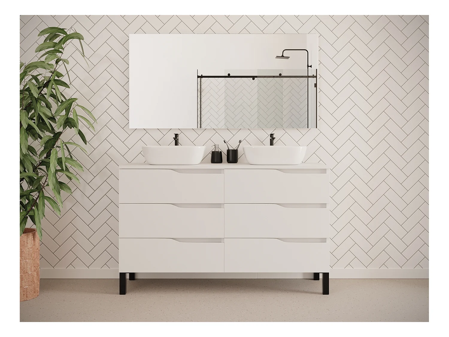 Meuble de salle de bain 140cm avec plateau et deux vasques à poser zeus - 6 tiroirs - sans miroir - blanc - MATA