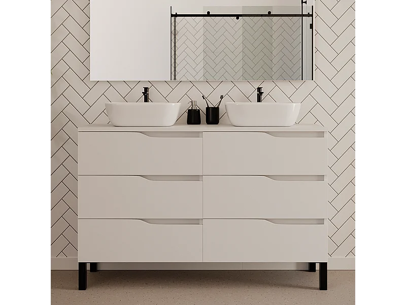 Meuble de salle de bain 140cm avec plateau et deux vasques à poser zeus - 6 tiroirs - sans miroir - blanc - MATA