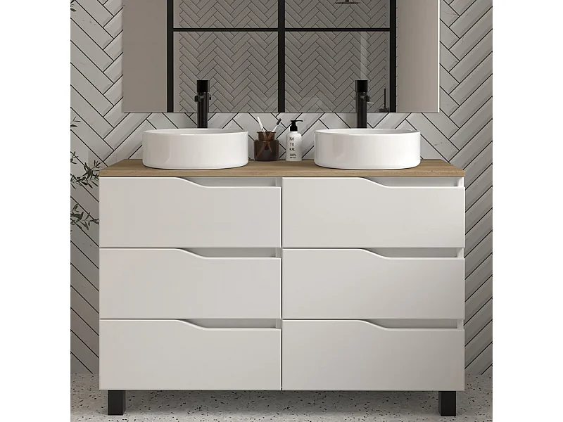 Meuble de salle de bain 120 avec plateau miel et vasque à poser - sans miroir - 6 tiroirs - blanc - MATA