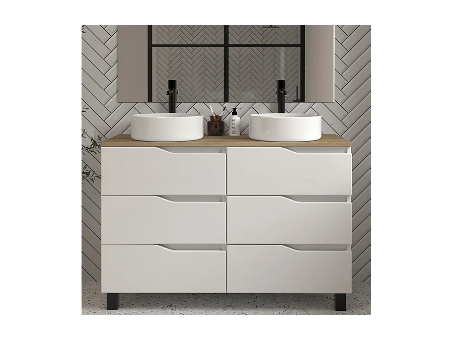 Meuble de salle de bain 120 avec plateau miel et vasque à poser - sans miroir - 6 tiroirs - blanc - MATA