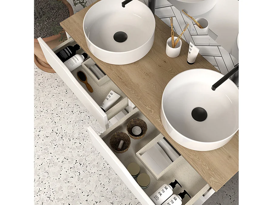 Meuble de salle de bain 120 avec plateau miel et vasque à poser - sans miroir - 6 tiroirs - blanc - MATA