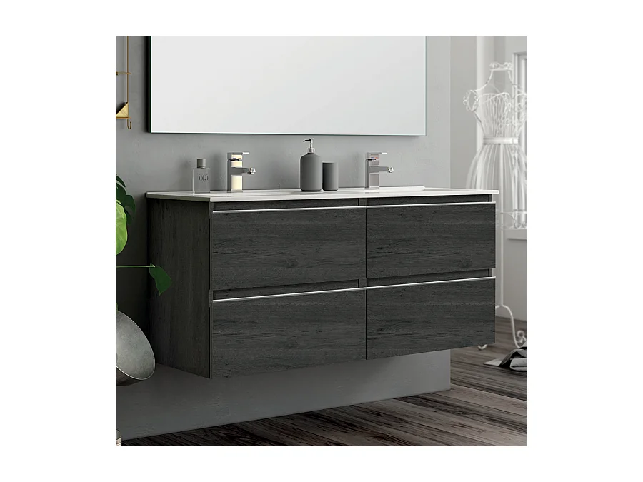 Meuble de salle de bain 140cm double vasque - 4 tiroirs - sans miroir - BALEA - ebony (bois noir)