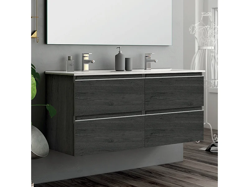 Meuble de salle de bain 140cm double vasque - 4 tiroirs - sans miroir - BALEA - ebony (bois noir)