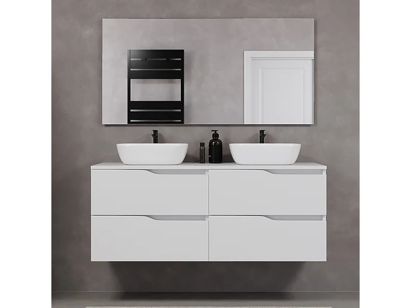 Meuble de salle de bain 140cm avec plateau et deux vasques à poser zeus - 4 tiroirs - blanc - LUNA