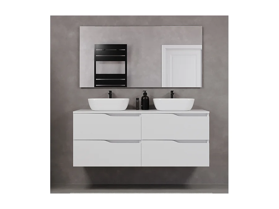 Meuble de salle de bain 140cm avec plateau et deux vasques à poser zeus - 4 tiroirs - blanc - LUNA