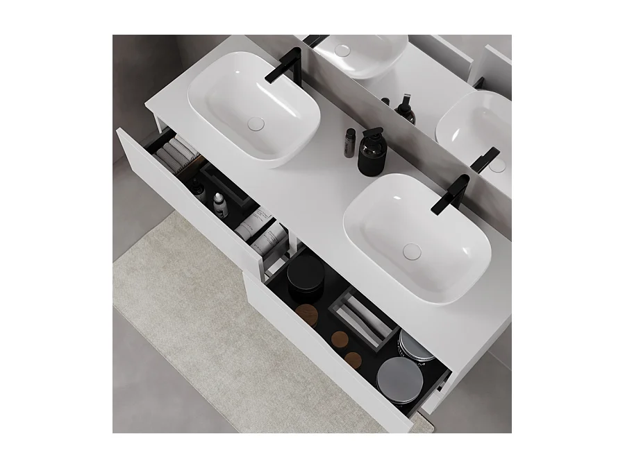 Meuble de salle de bain 140cm avec plateau et deux vasques à poser zeus - 4 tiroirs - blanc - LUNA