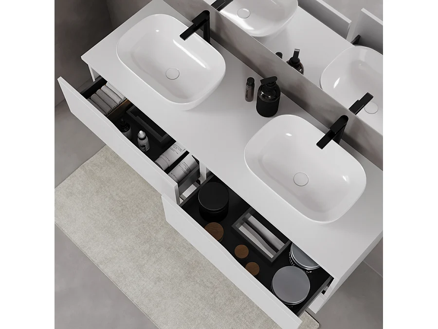 Meuble de salle de bain 140cm avec plateau et deux vasques à poser zeus - 4 tiroirs - blanc - LUNA