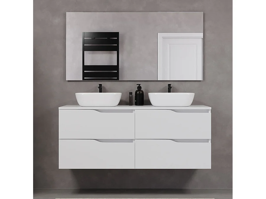 Meuble de salle de bain 140cm avec plateau et deux vasques à poser zeus - 4 tiroirs - blanc - LUNA