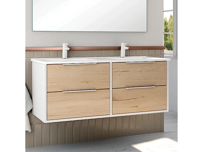 Meuble de salle de bain 120cm double vasque - 4 tiroirs - sans miroir - ALBA - blanc/roble