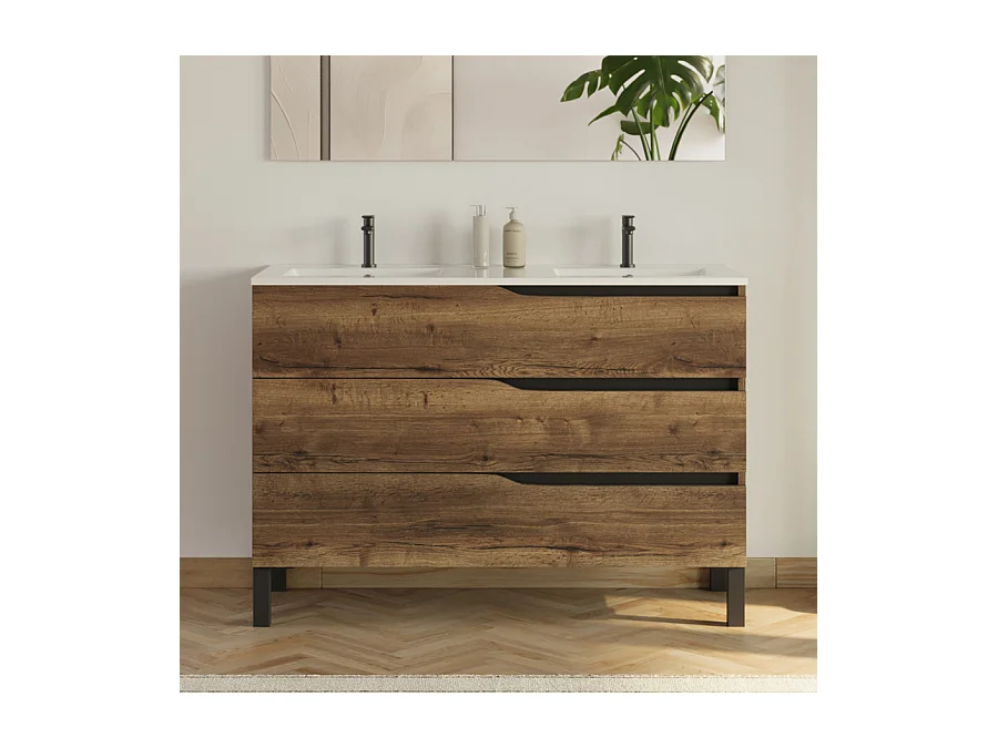 Meuble de salle de bain 120cm avec plan double vasque - 3 tiroirs - sans miroir - tabaco (chêne foncé) - MATA